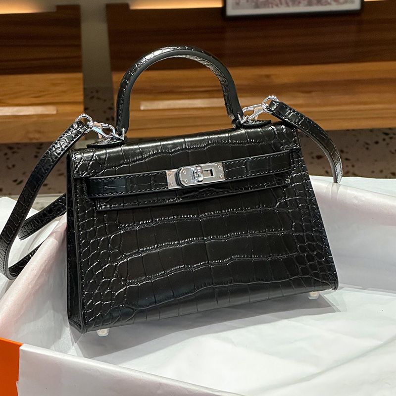 Hermes Mini Kelly II Bag Alligator Leather Palladium Hardware In Black