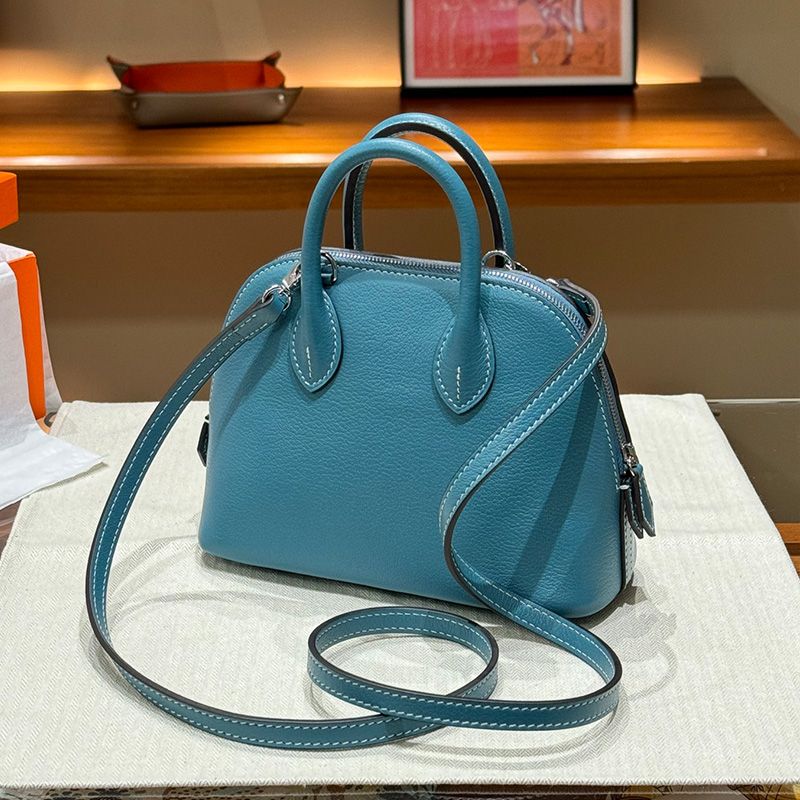 Hermes Mini Bolide Bag Chevre Leather Palladium Hardware In Blue