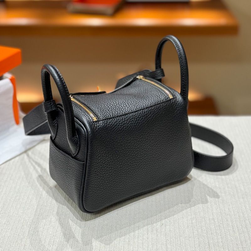 Hermes Mini Lindy Bag Togo Leather Gold Hardware In Black