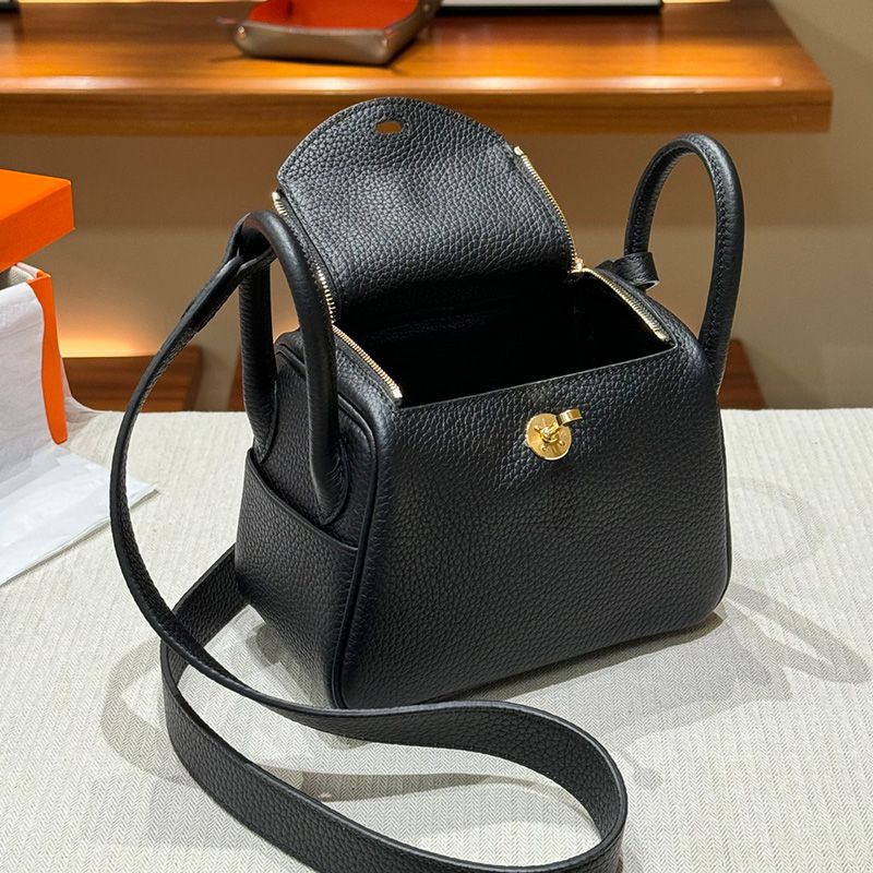 Hermes Mini Lindy Bag Togo Leather Gold Hardware In Black