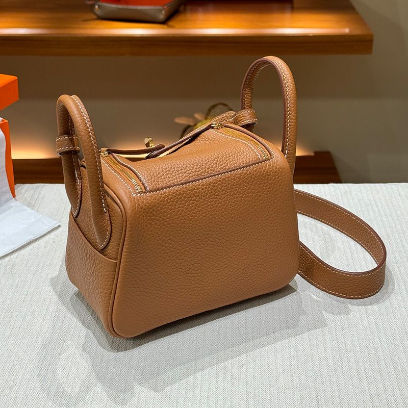 Hermes Mini Lindy Bag Togo Leather Gold Hardware In Brown