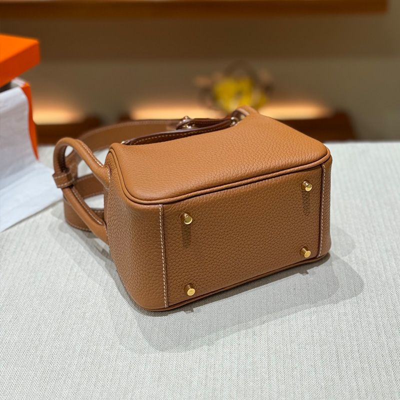 Hermes Mini Lindy Bag Togo Leather Gold Hardware In Brown