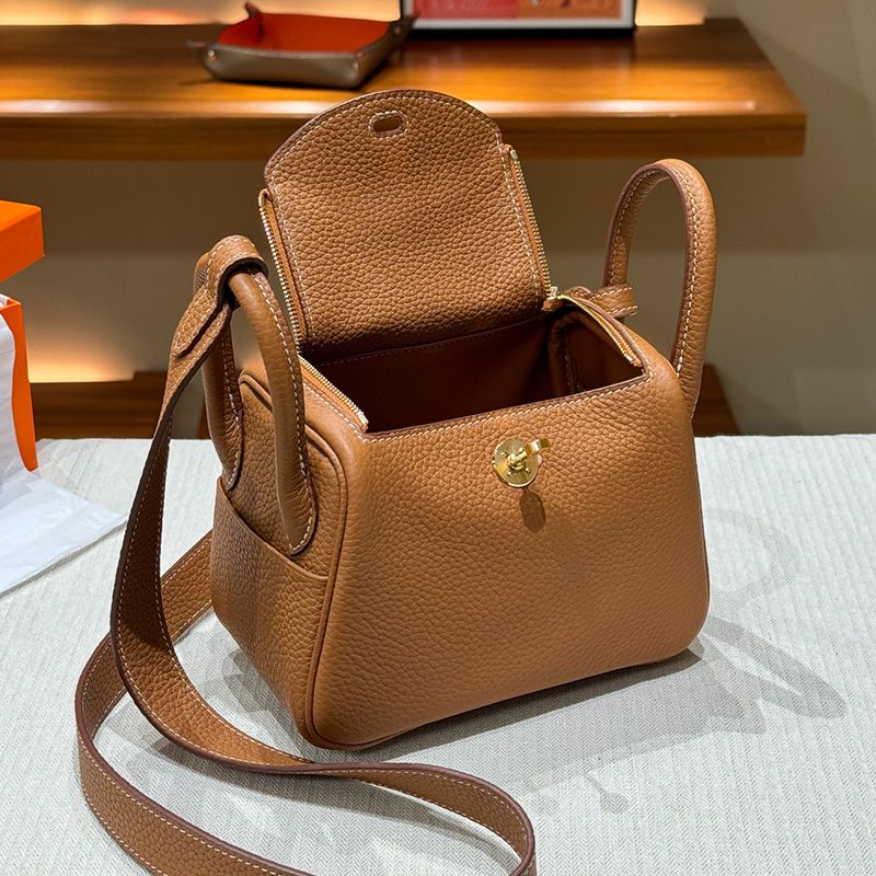 Hermes Mini Lindy Bag Togo Leather Gold Hardware In Brown