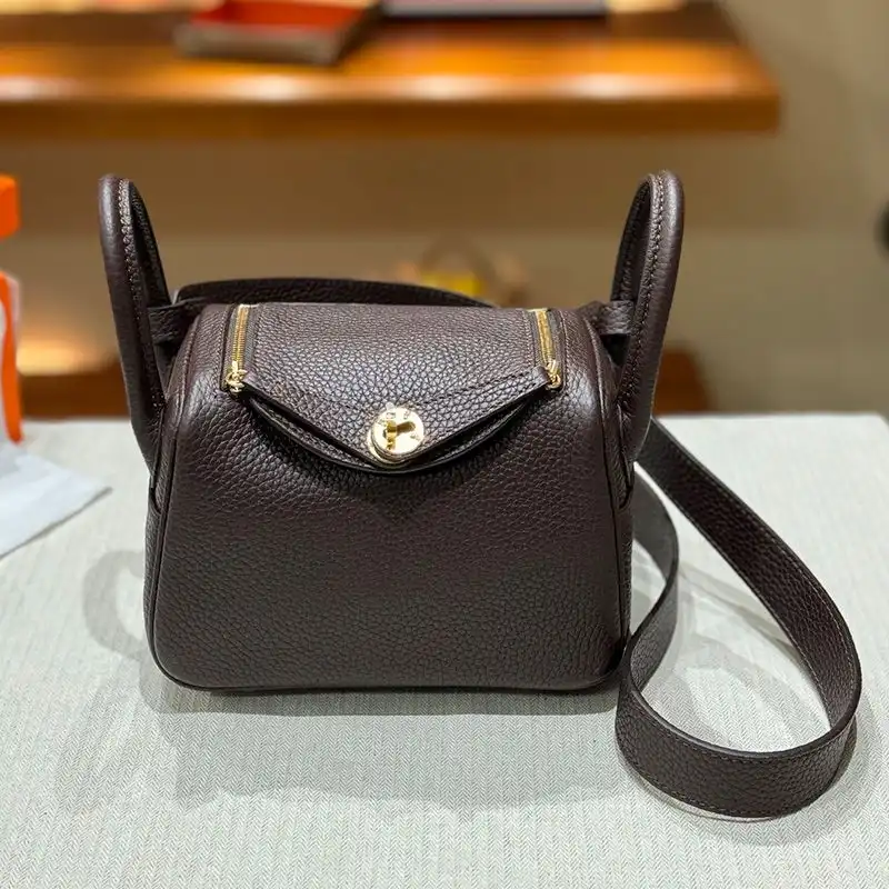 Hermes Mini Lindy Bag Togo Leather Gold Hardware In Coffee