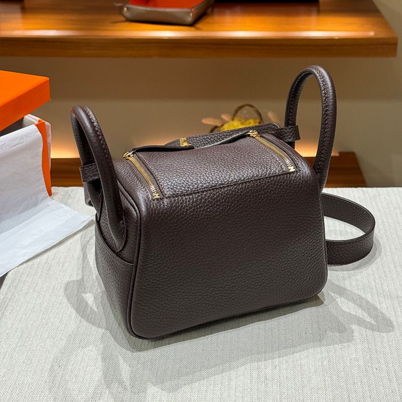 Hermes Mini Lindy Bag Togo Leather Gold Hardware In Coffee