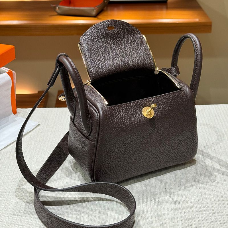 Hermes Mini Lindy Bag Togo Leather Gold Hardware In Coffee