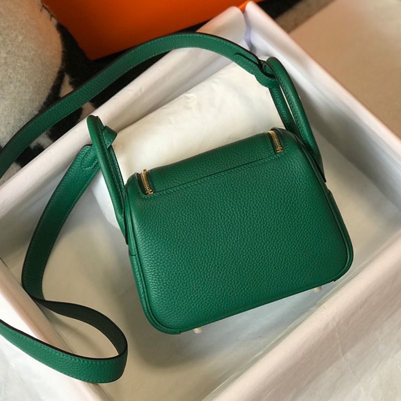 Hermes Mini Lindy Bag Togo Leather Gold Hardware In Green