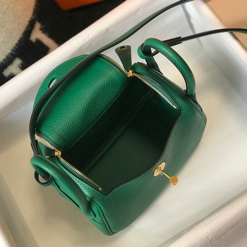 Hermes Mini Lindy Bag Togo Leather Gold Hardware In Green