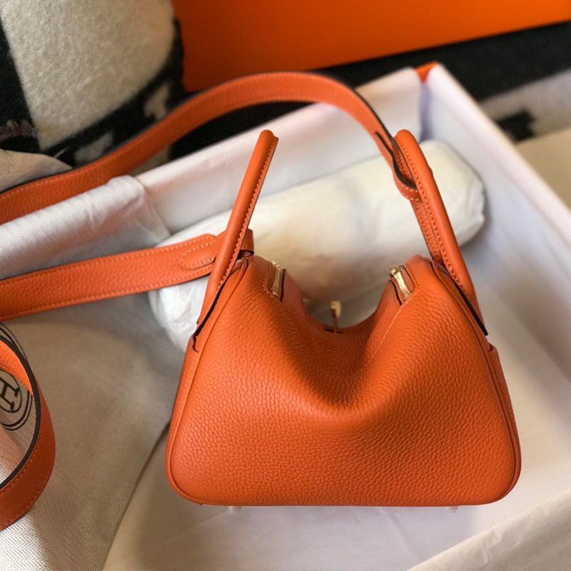 Hermes Mini Lindy Bag Togo Leather Gold Hardware In Orange