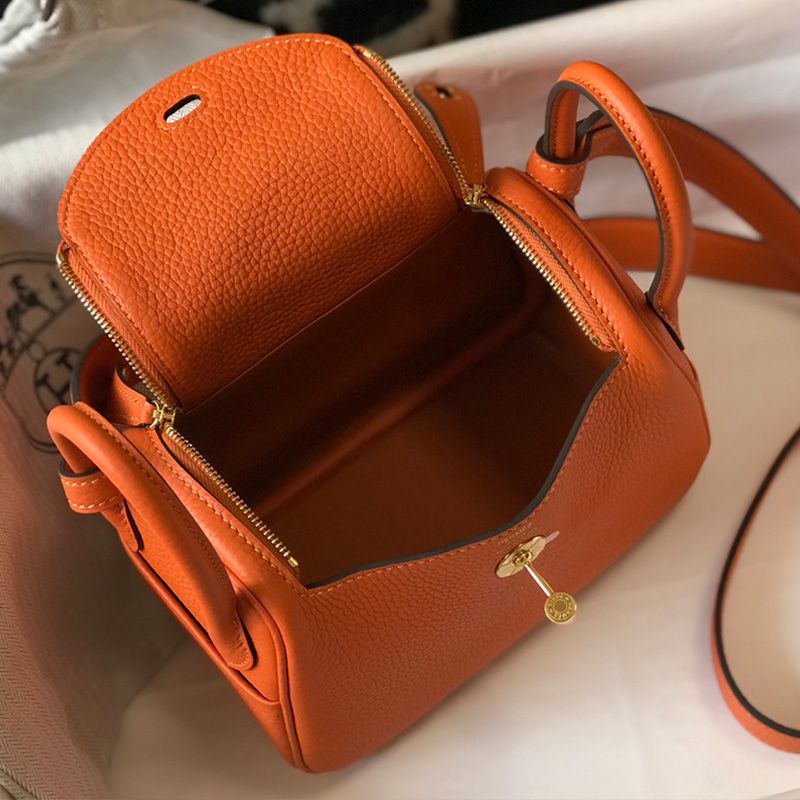 Hermes Mini Lindy Bag Togo Leather Gold Hardware In Orange