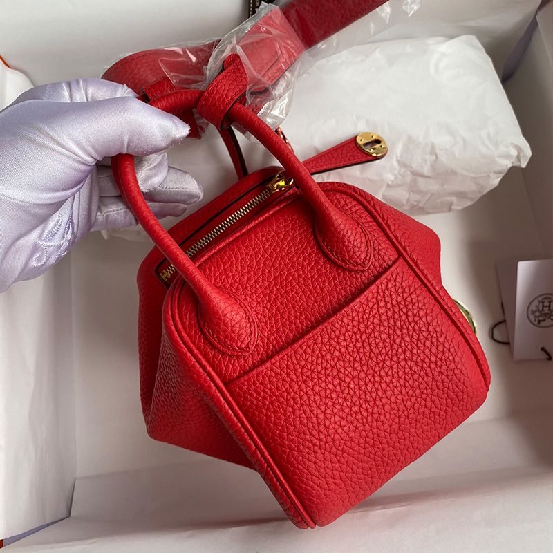 Hermes Mini Lindy Bag Togo Leather Gold Hardware In Red