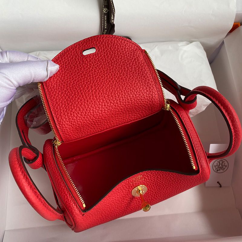 Hermes Mini Lindy Bag Togo Leather Gold Hardware In Red