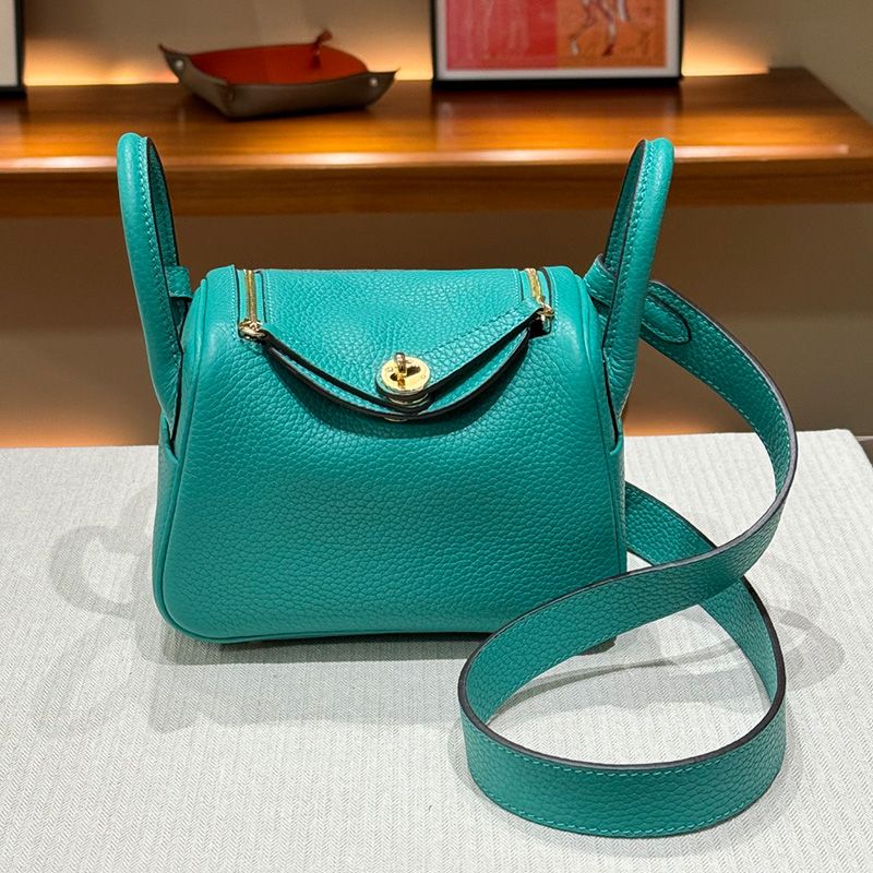 Hermes Mini Lindy Bag Togo Leather Gold Hardware In Teal