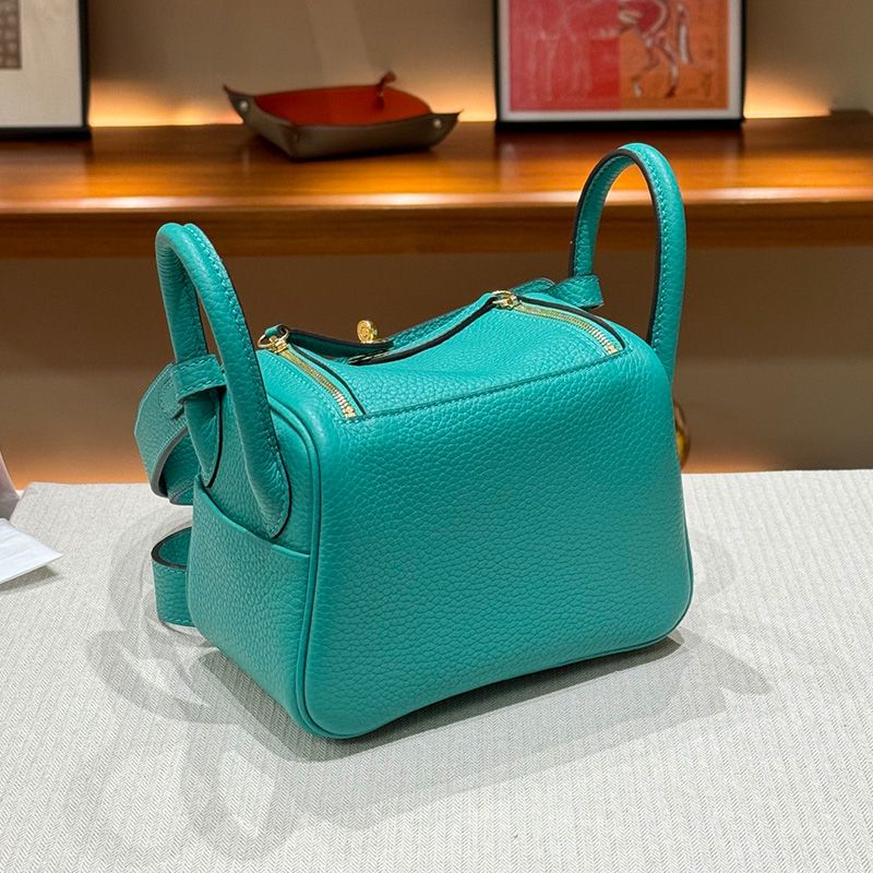 Hermes Mini Lindy Bag Togo Leather Gold Hardware In Teal