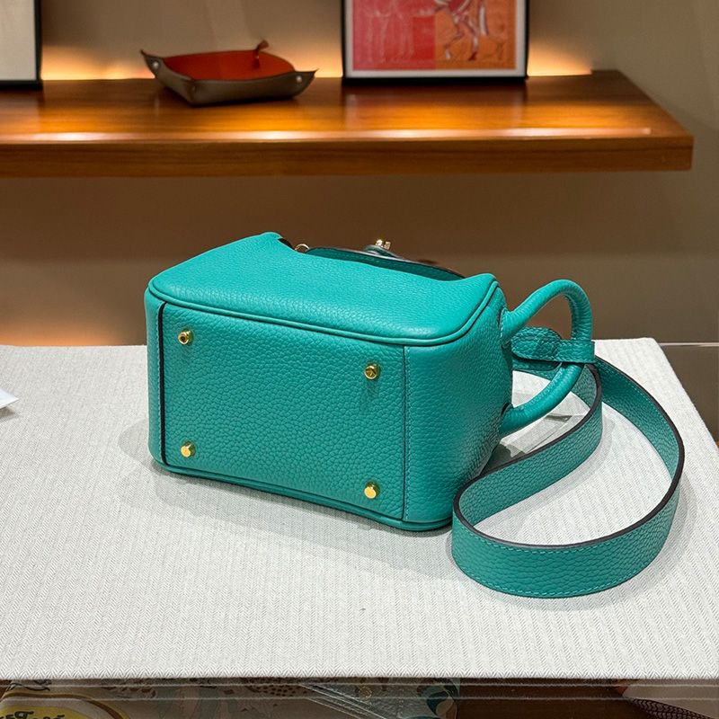 Hermes Mini Lindy Bag Togo Leather Gold Hardware In Teal