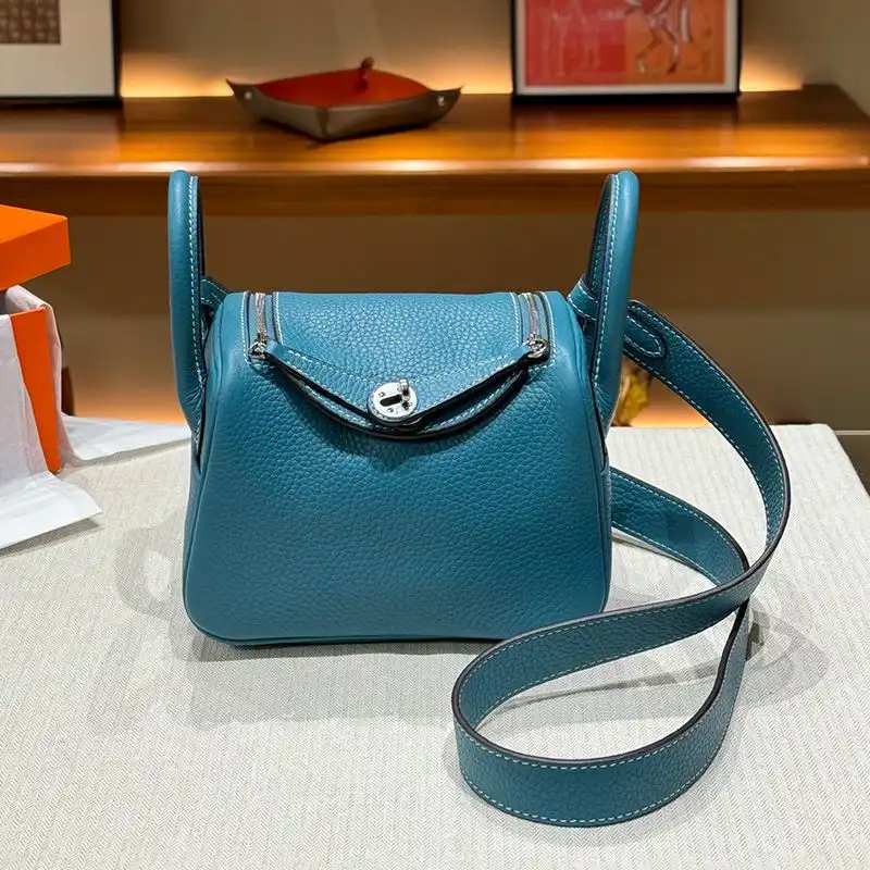 Hermes Mini Lindy Bag Togo Leather Palladium Hardware In Blue