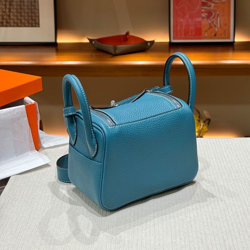 Hermes Mini Lindy Bag Togo Leather Palladium Hardware In Blue