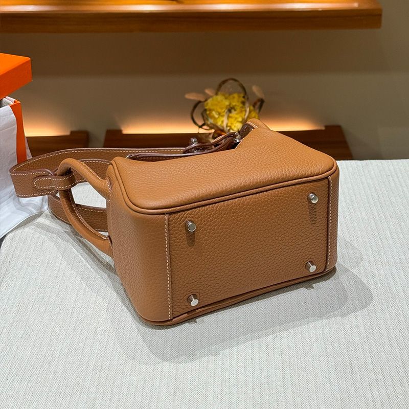 Hermes Mini Lindy Bag Togo Leather Palladium Hardware In Brown