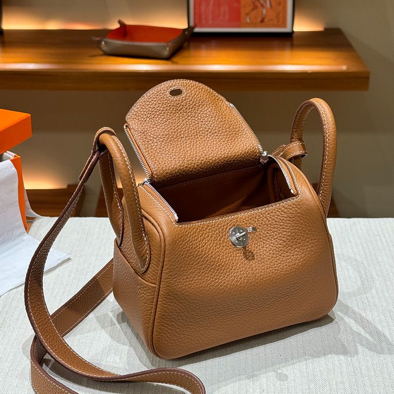 Hermes Mini Lindy Bag Togo Leather Palladium Hardware In Brown