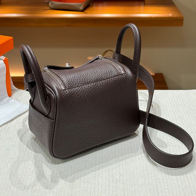 Hermes Mini Lindy Bag Togo Leather Palladium Hardware In Coffee