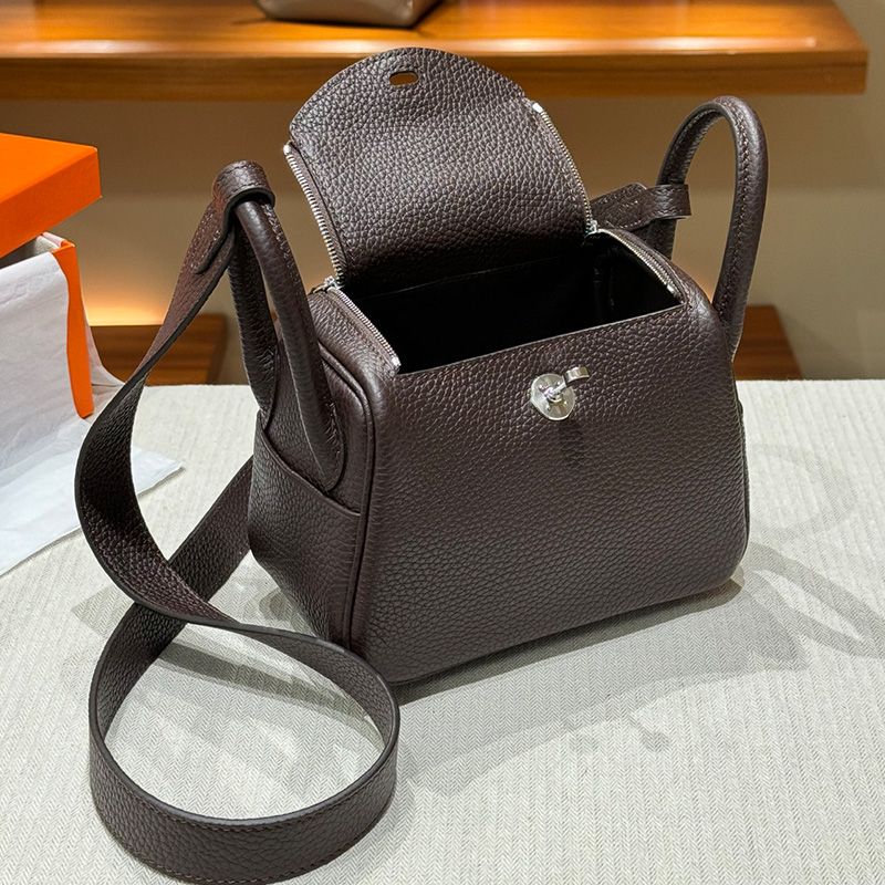 Hermes Mini Lindy Bag Togo Leather Palladium Hardware In Coffee