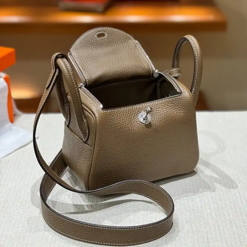 Affordable Hermes Mini Lindy Bag Togo Leather Palladium Hardware In Khaki