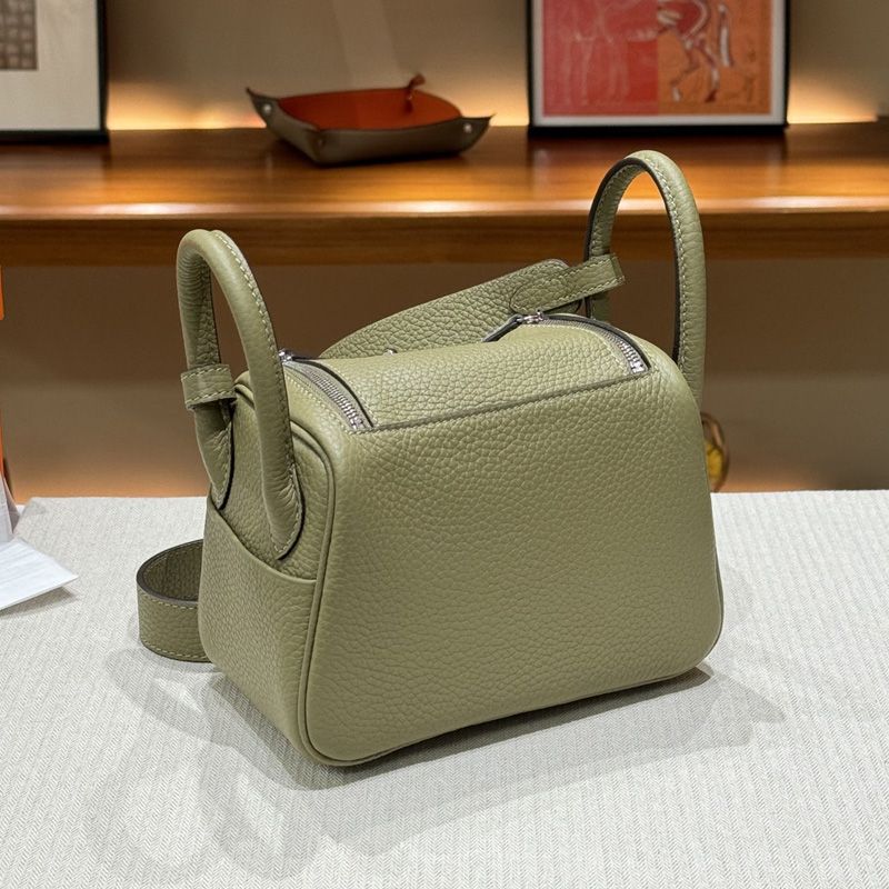 Hermes Mini Lindy Bag Togo Leather Palladium Hardware In Olive