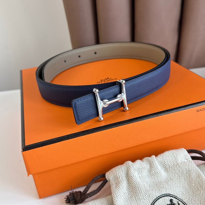 Hermes Mors H 24 Reversible Belt Leather In Blue Grey