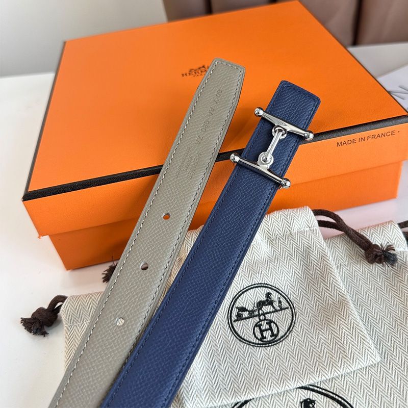 Hermes Mors H 24 Reversible Belt Leather In Blue Grey