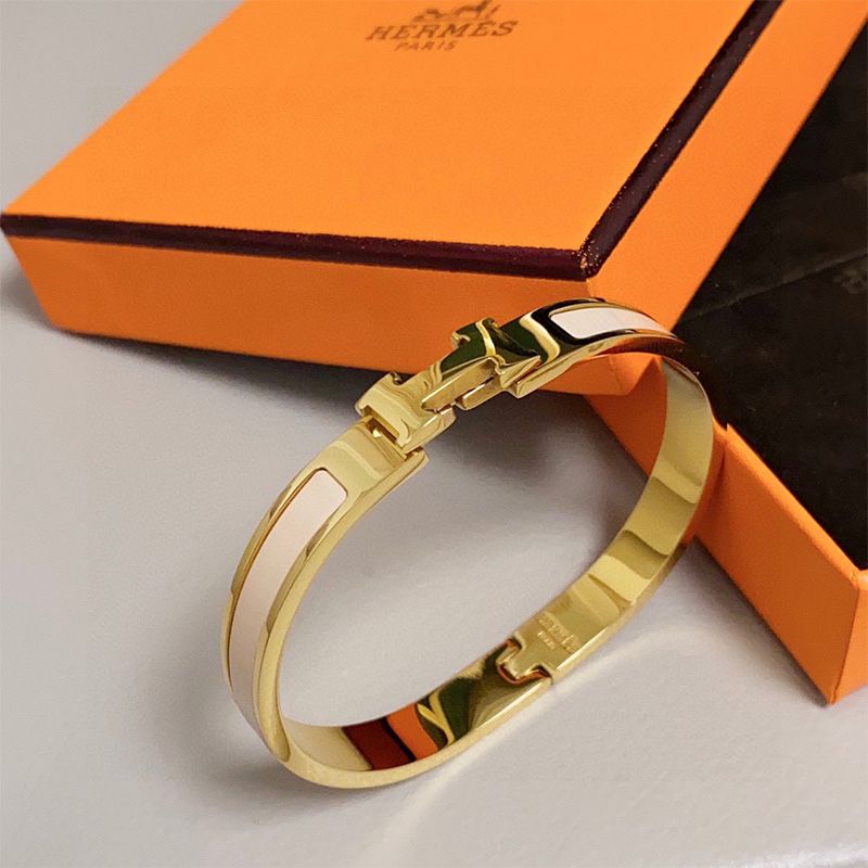 Hermes Narrow Clic H Bracelet Gold Hardare In White