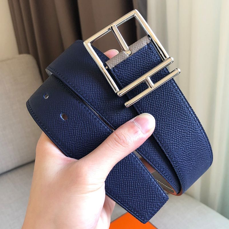 Hermes Nathan 40 Belt Togo Leather In Navy Blue Grey