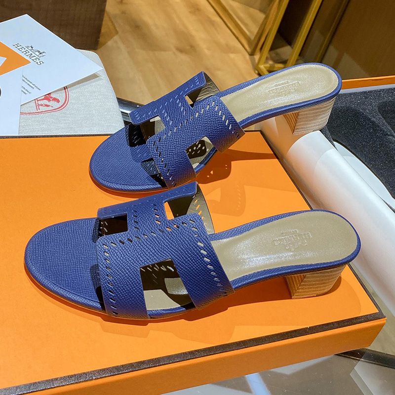 Hermes Oasis Slides Women Hollow Leather In Blue