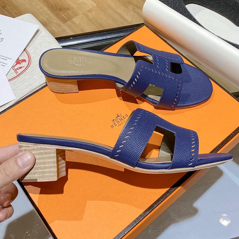 Hermes Oasis Slides Women Hollow Leather In Blue