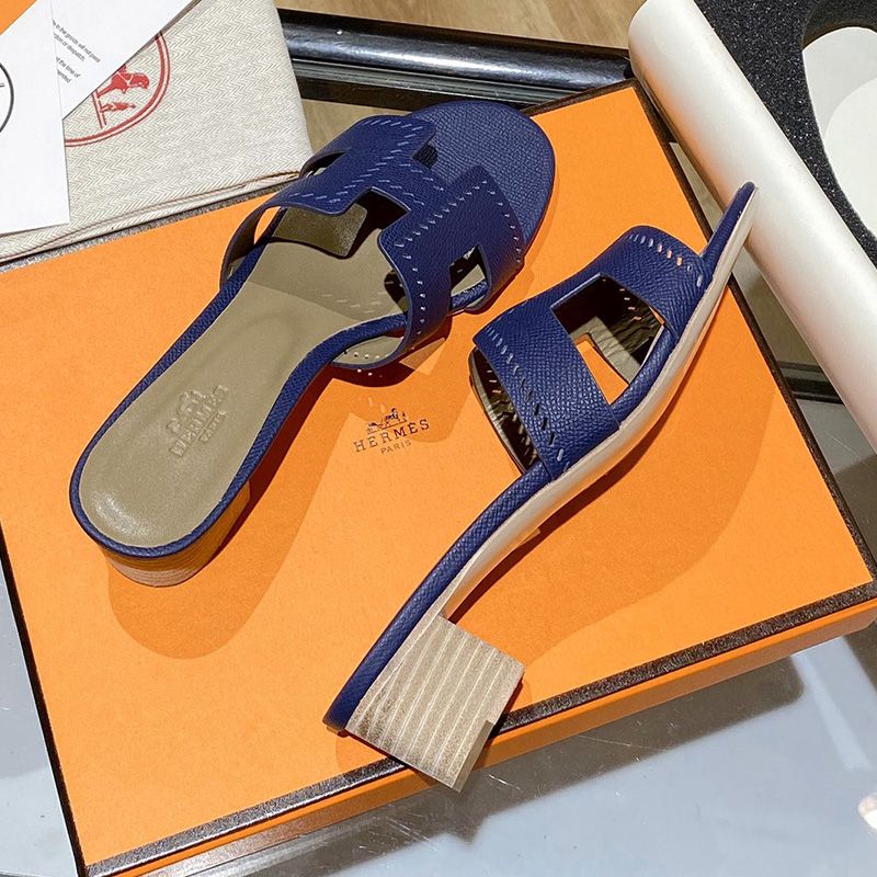 Hermes Oasis Slides Women Hollow Leather In Blue