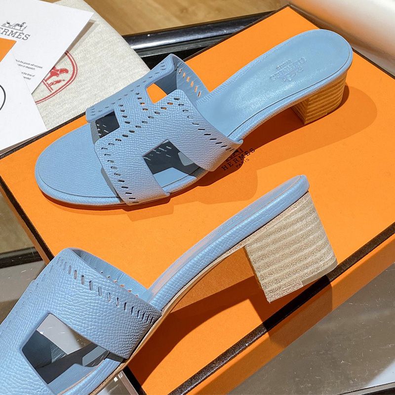 Hermes Oasis Slides Women Hollow Leather In Blue Blue