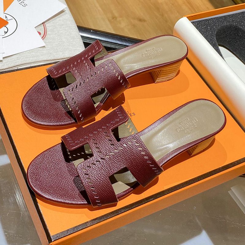 Hermes Oasis Slides Women Hollow Leather In Burgundy