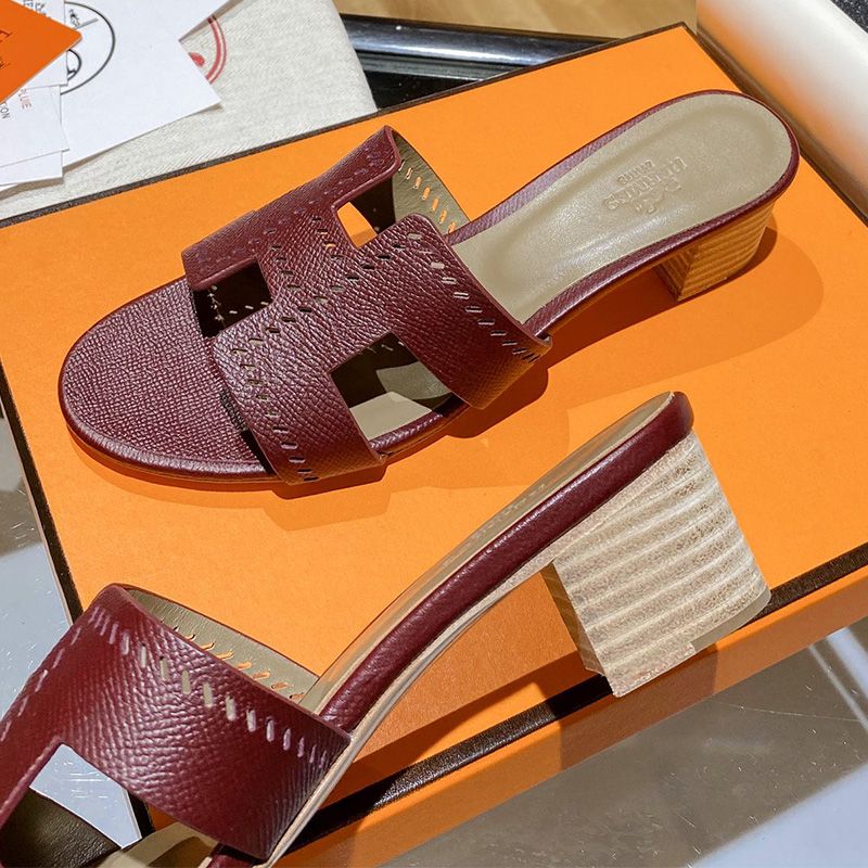 Hermes Oasis Slides Women Hollow Leather In Burgundy