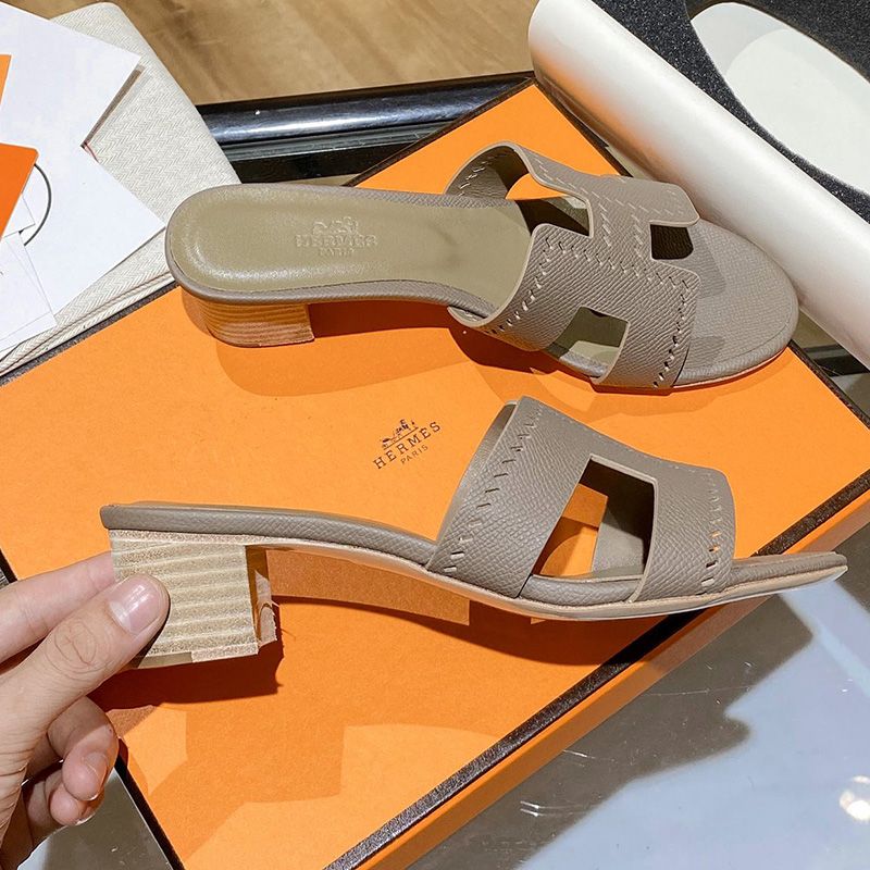 Hermes Oasis Slides Women Hollow Leather In Coffee