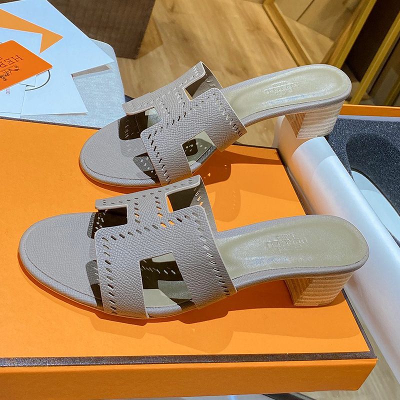 Hermes Oasis Slides Women Hollow Leather In Coffee