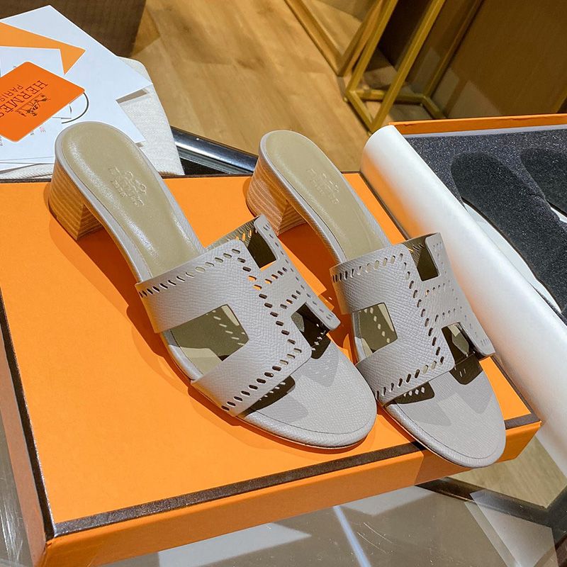 Hermes Oasis Slides Women Hollow Leather In Grey