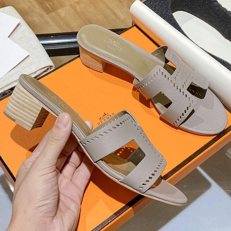 Hermes Oasis Slides Women Hollow Leather In Grey