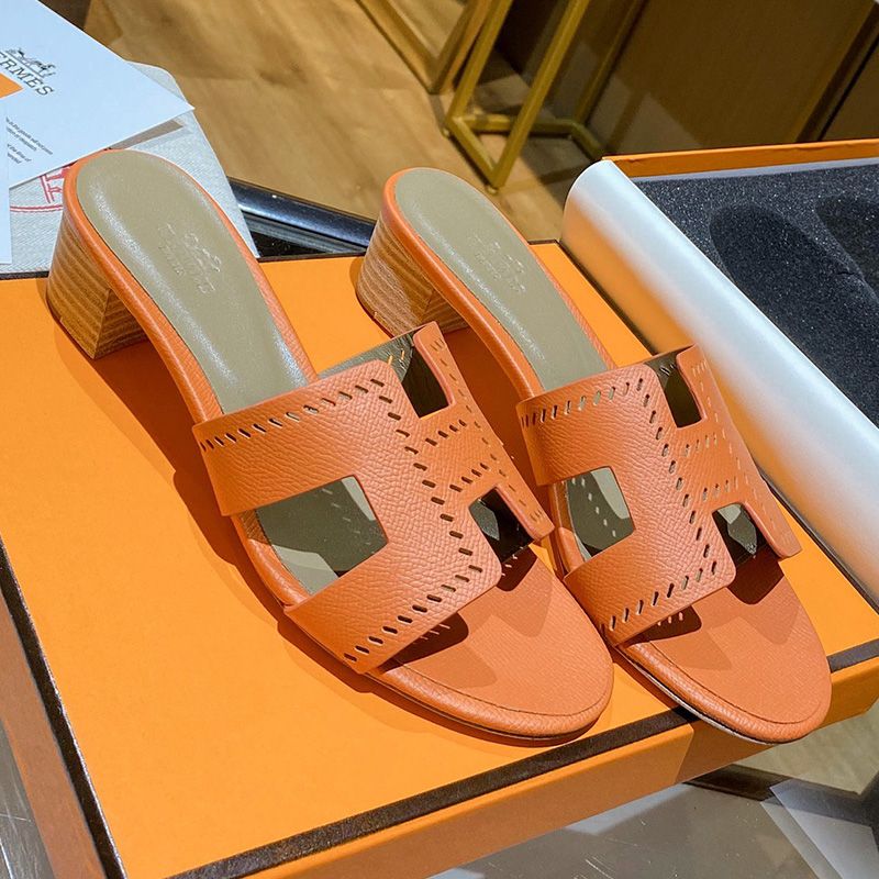 Hermes Oasis Slides Women Hollow Leather In Orange