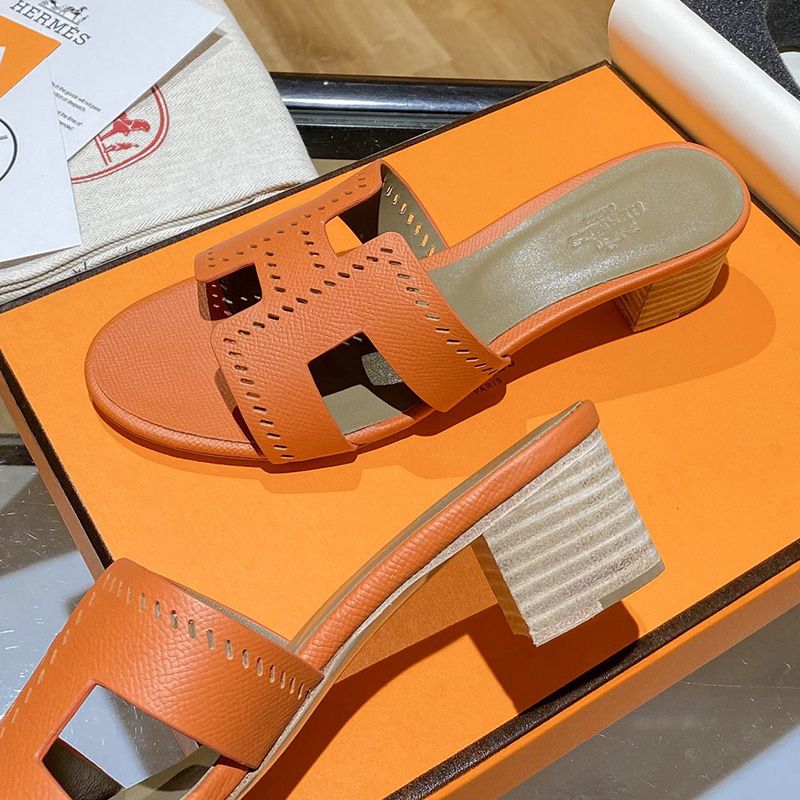 Hermes Oasis Slides Women Hollow Leather In Orange