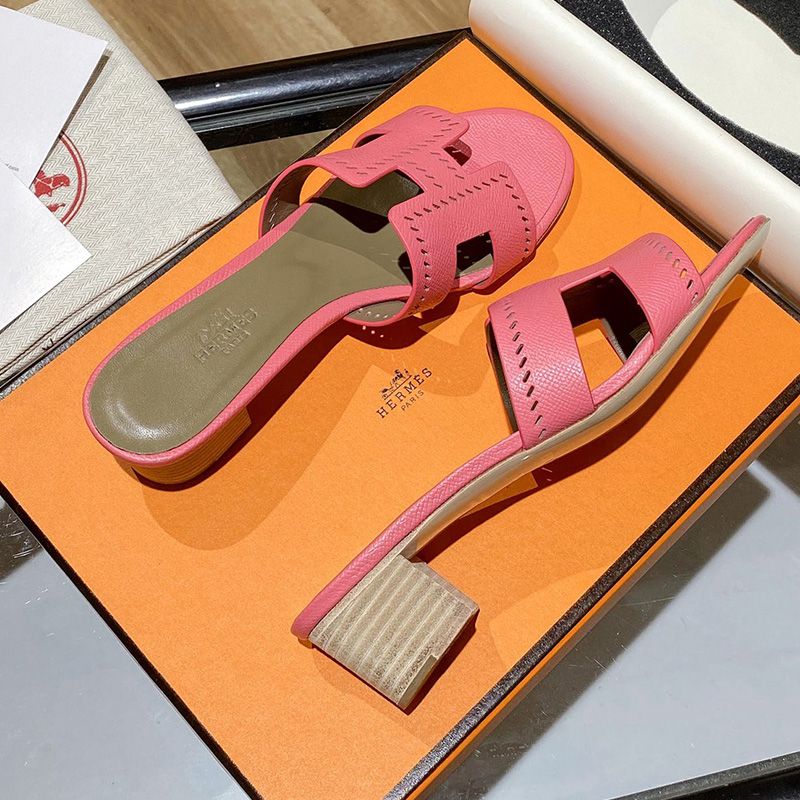 Hermes Oasis Slides Women Hollow Leather In Pink