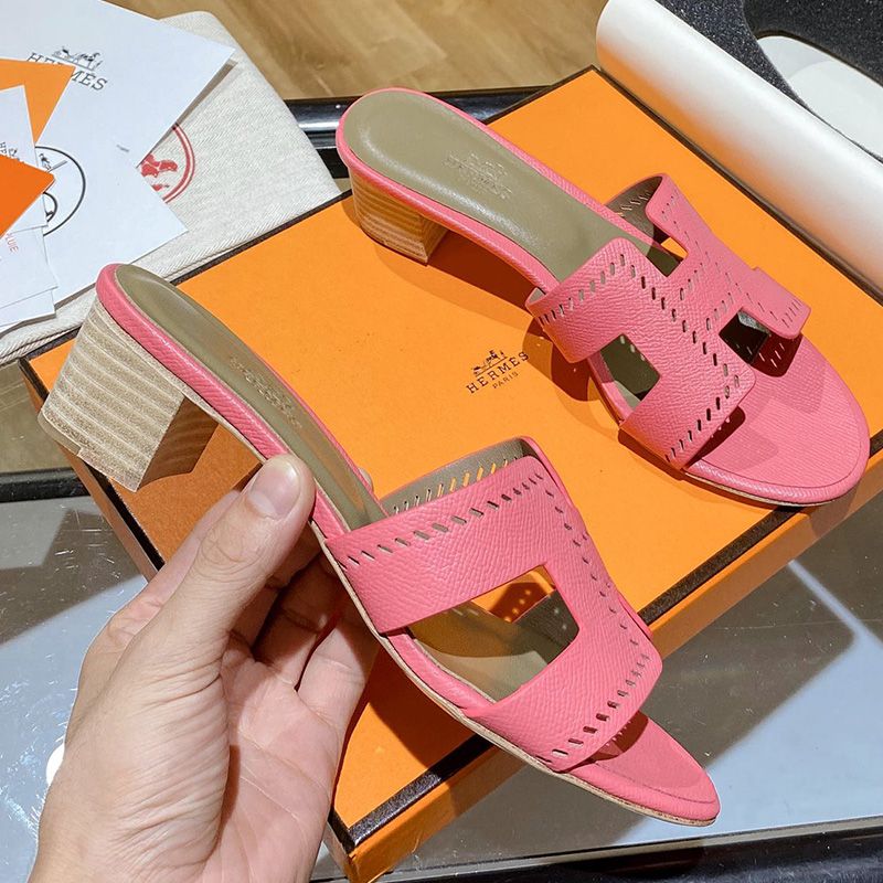 Hermes Oasis Slides Women Hollow Leather In Pink