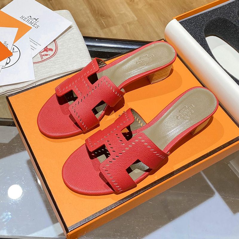 Hermes Oasis Slides Women Hollow Leather In Red