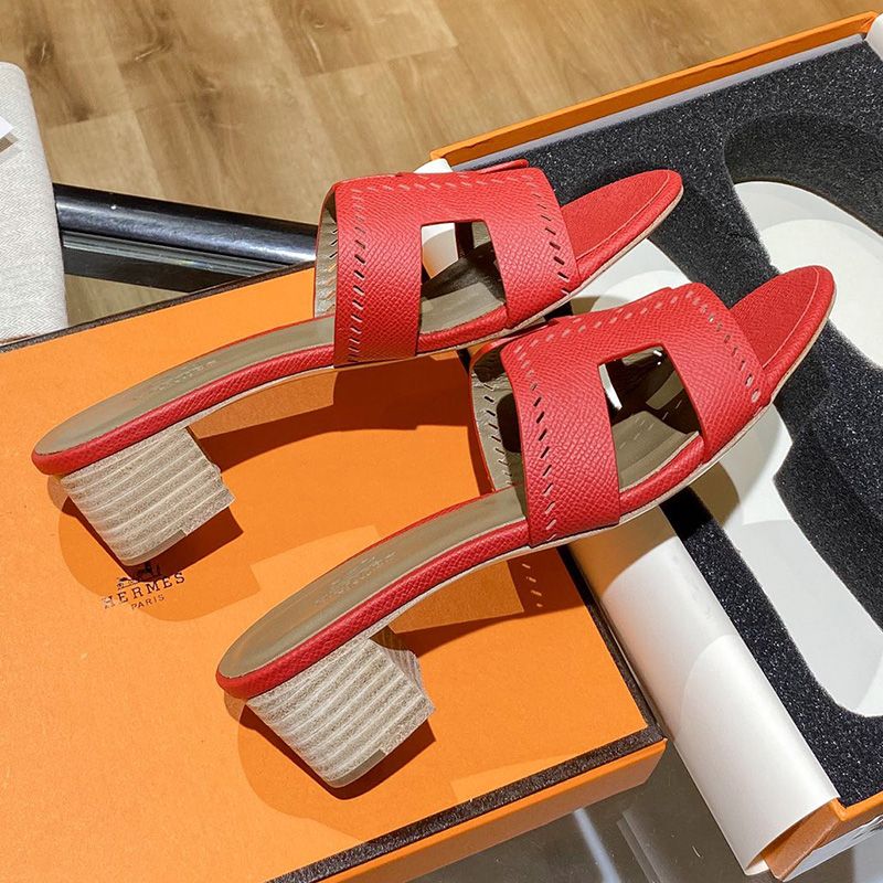 Hermes Oasis Slides Women Hollow Leather In Red