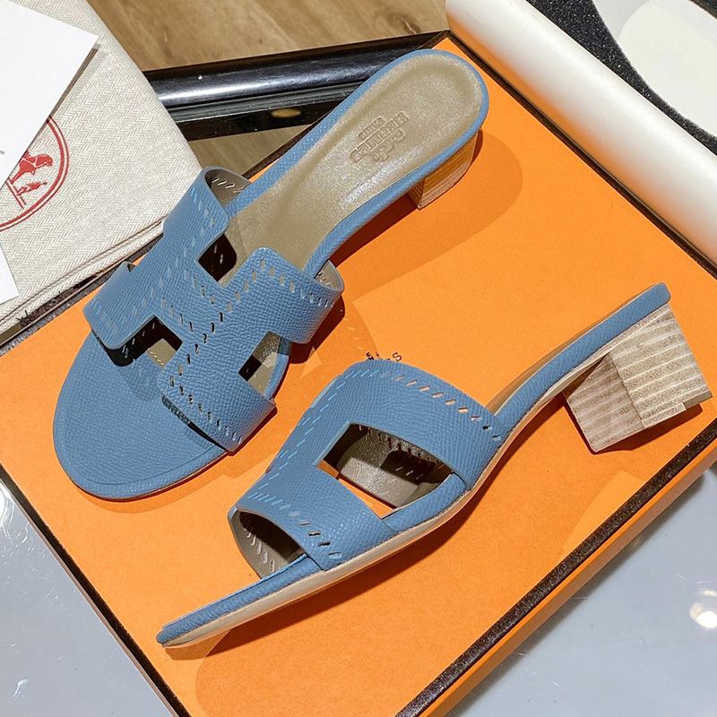 Hermes Oasis Slides Women Hollow Leather In Sky blue