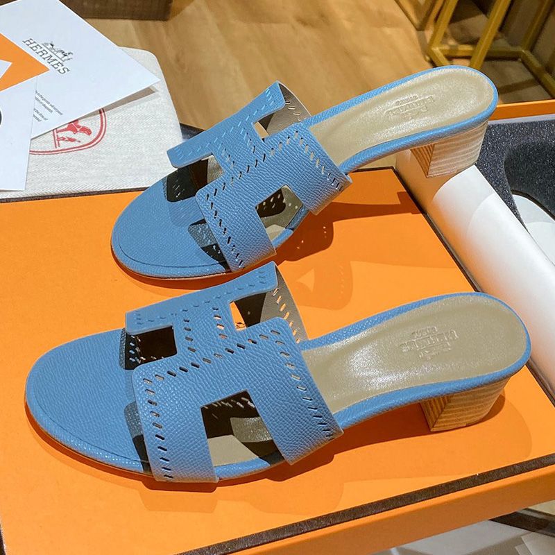 Hermes Oasis Slides Women Hollow Leather In Sky blue