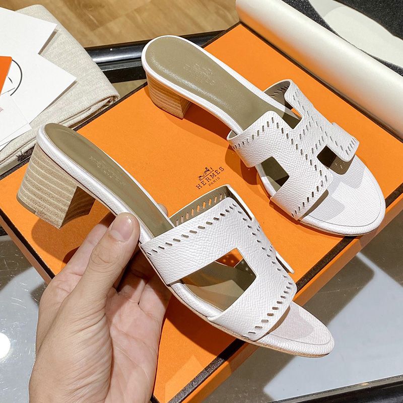 Hermes Oasis Slides Women Hollow Leather In White